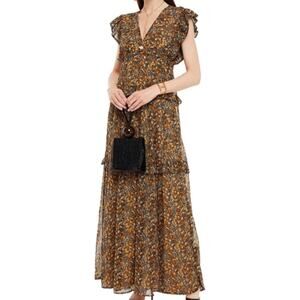 NEW BA&SH Samanta Maxi Dress Womens Large Black Floral Ruffled Georgette Carbone